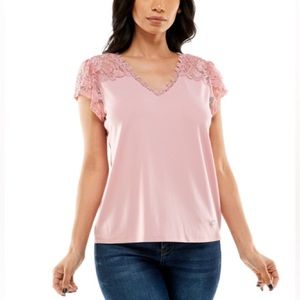 Adrienne Vittadini Short Contrast Lace Sleeve & Trim in Dusty Pale Mauve Pink XL